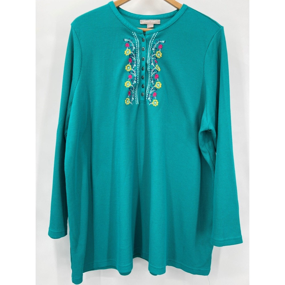 Women's 2X Teal Waffle Knit Henley Embroidered Floral Cottagecore Woman Within